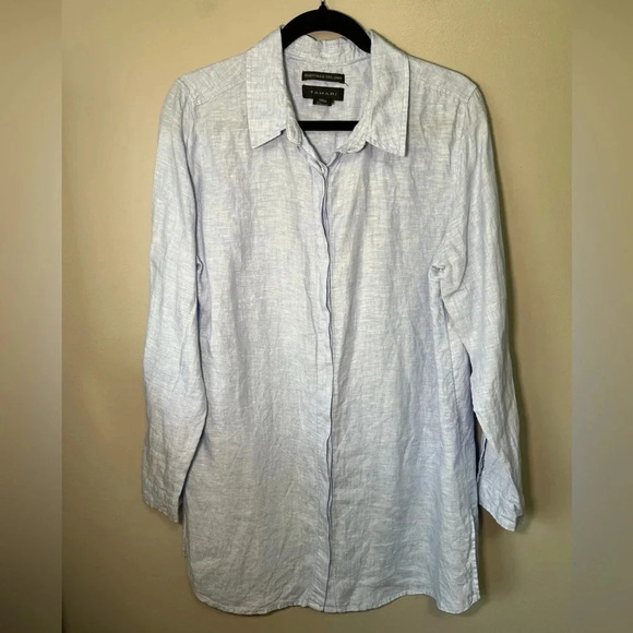 Tahari Essentials 100% Linen Chambray Button Down Shirt Women’s Size Large - Picture 1 of 7